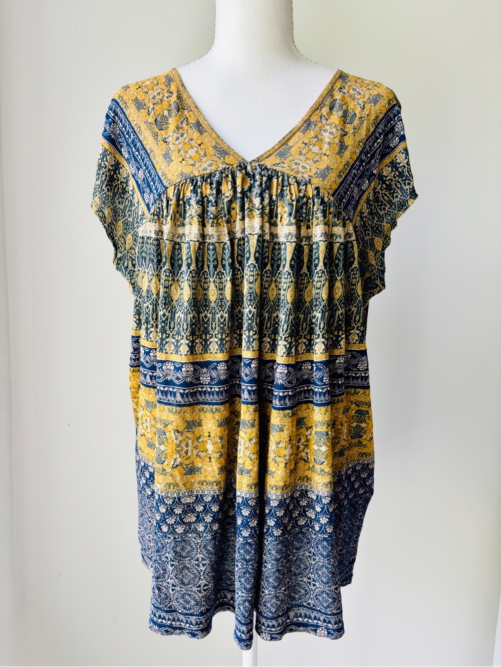Lucky Boho V-Neck Mixed Print Tunic Top Yellow & Blue - Large
